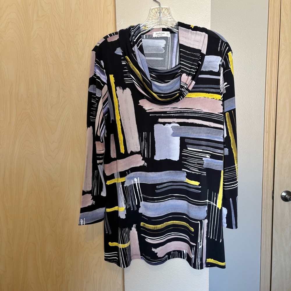 Jess & Jane Women S Top Blouse Abstract Cowlneck Colorful Brushstroke 3/4 Sleeve